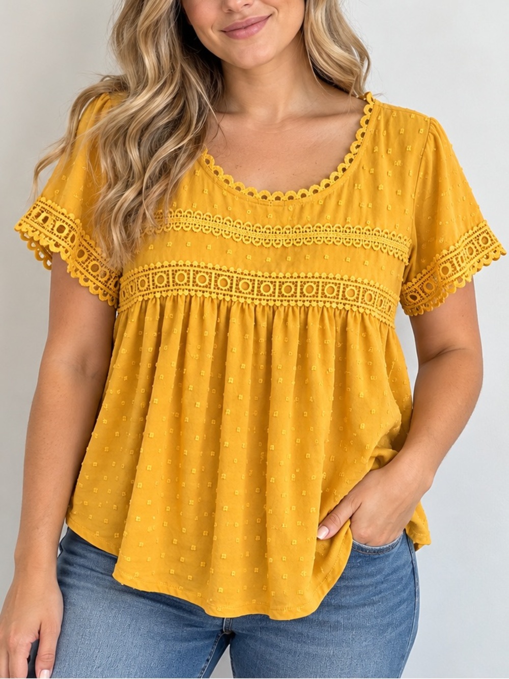 Poetsky Mustard Yellow Swiss Dot Lace Babydoll Blouse Large